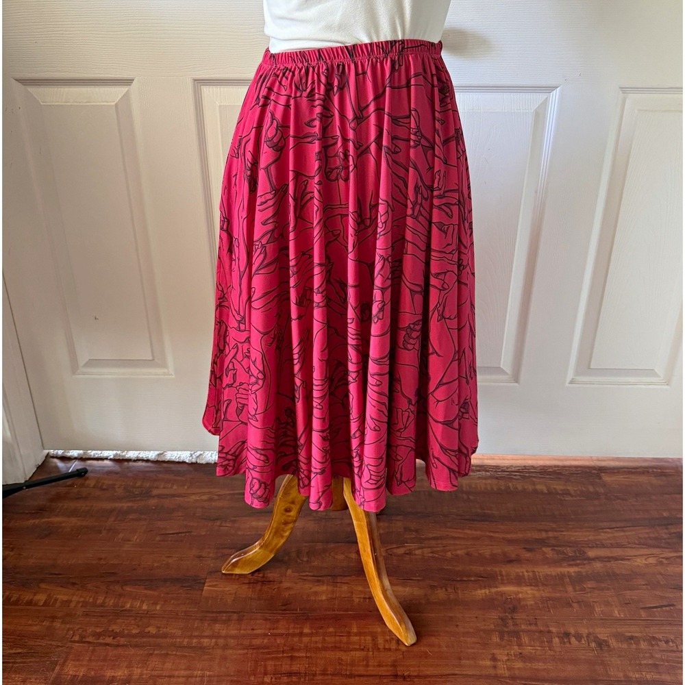 Maya Kern Hands Skirt L XL Red Black Circle Midi  Pockets Elastic Waist Retro